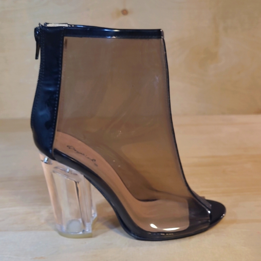 Qupid Transparent Black Open Toe Baxk Zip Womens Ankle Boots